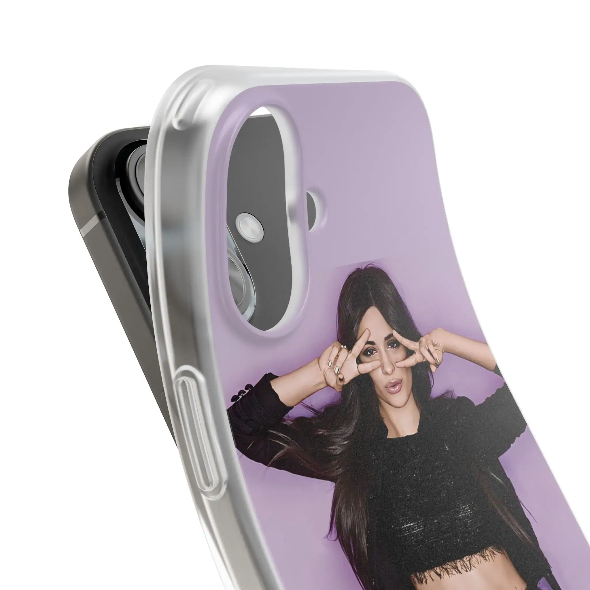 Camila cabello apparel in lavender and black outfit, making playful gestures on her phone case featuring her photo, trendy and stylish.