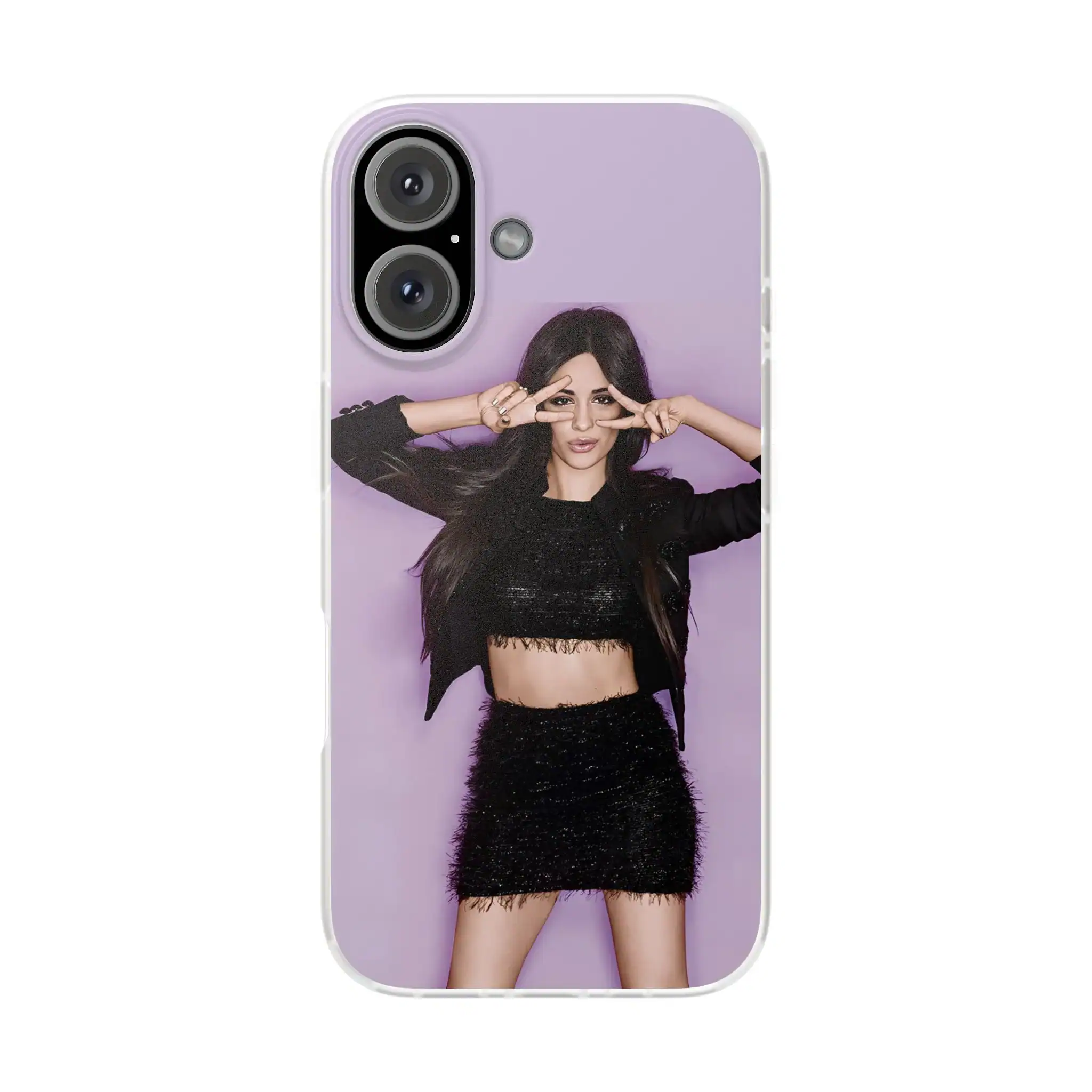 Camila cabello apparel phone case with her picture and purple background.