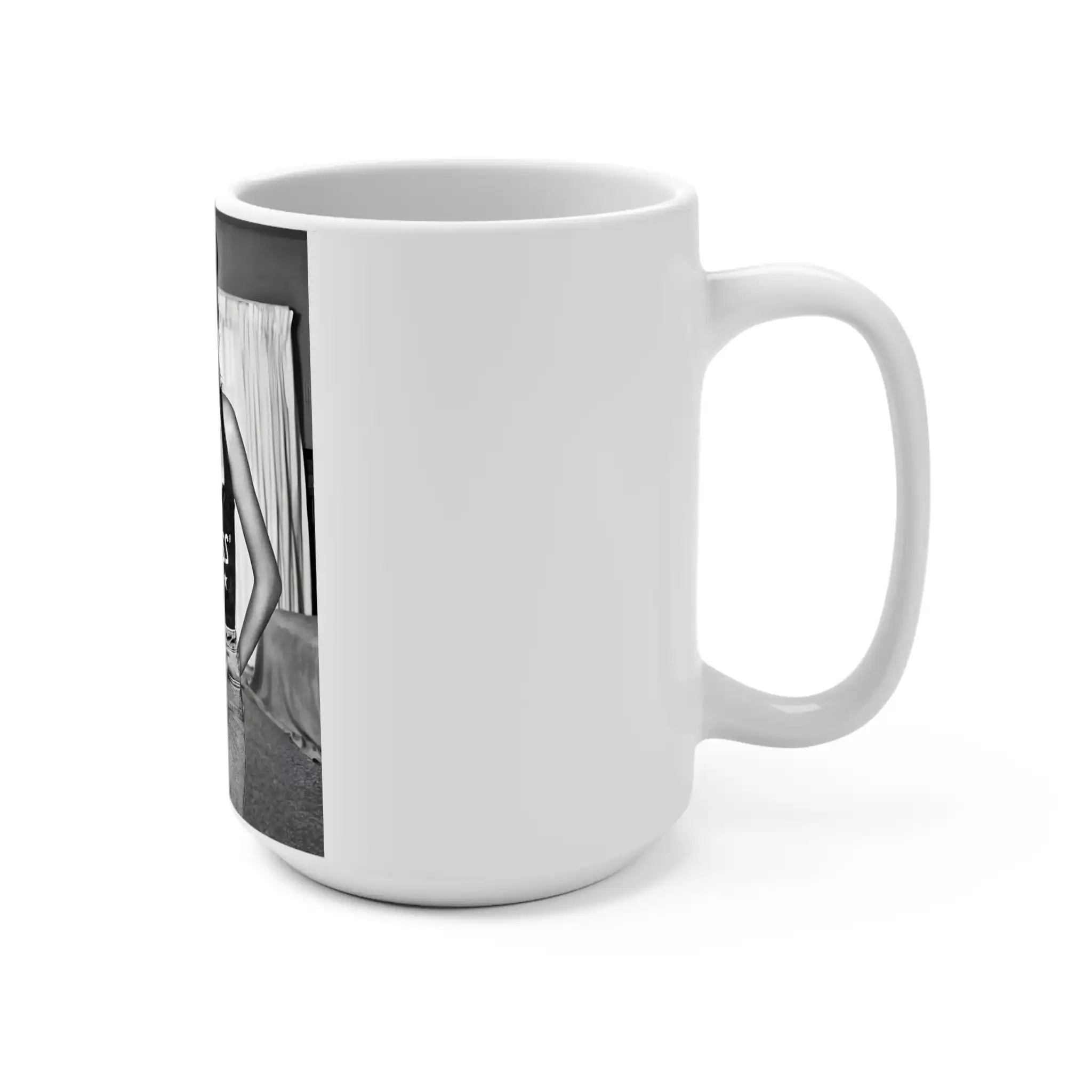 White ceramic mug with black and white graphic design and a female model image.