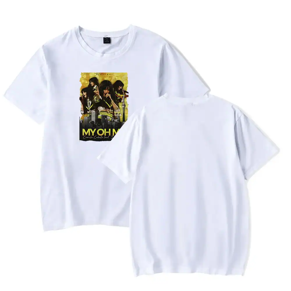 Camila Cabello MY OH MY graphic t-shirt featuring her in a stylish outfit with urban background elements.