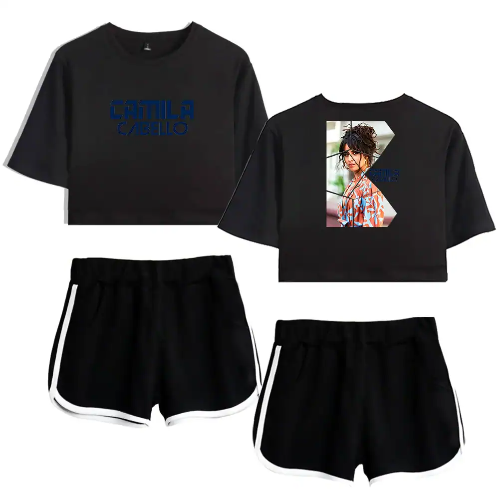 Camila Cabello apparel with graphic t-shirt and shorts set.
