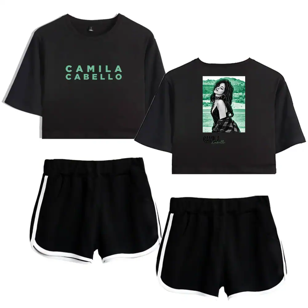 Camila Cabello black and green graphic t-shirt and shorts with casual style.