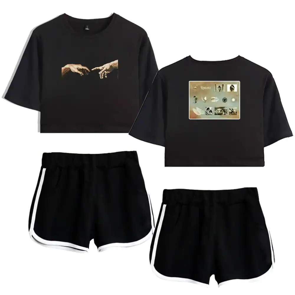 Minimalist black cropped t-shirt with artistic print of hands reaching out.