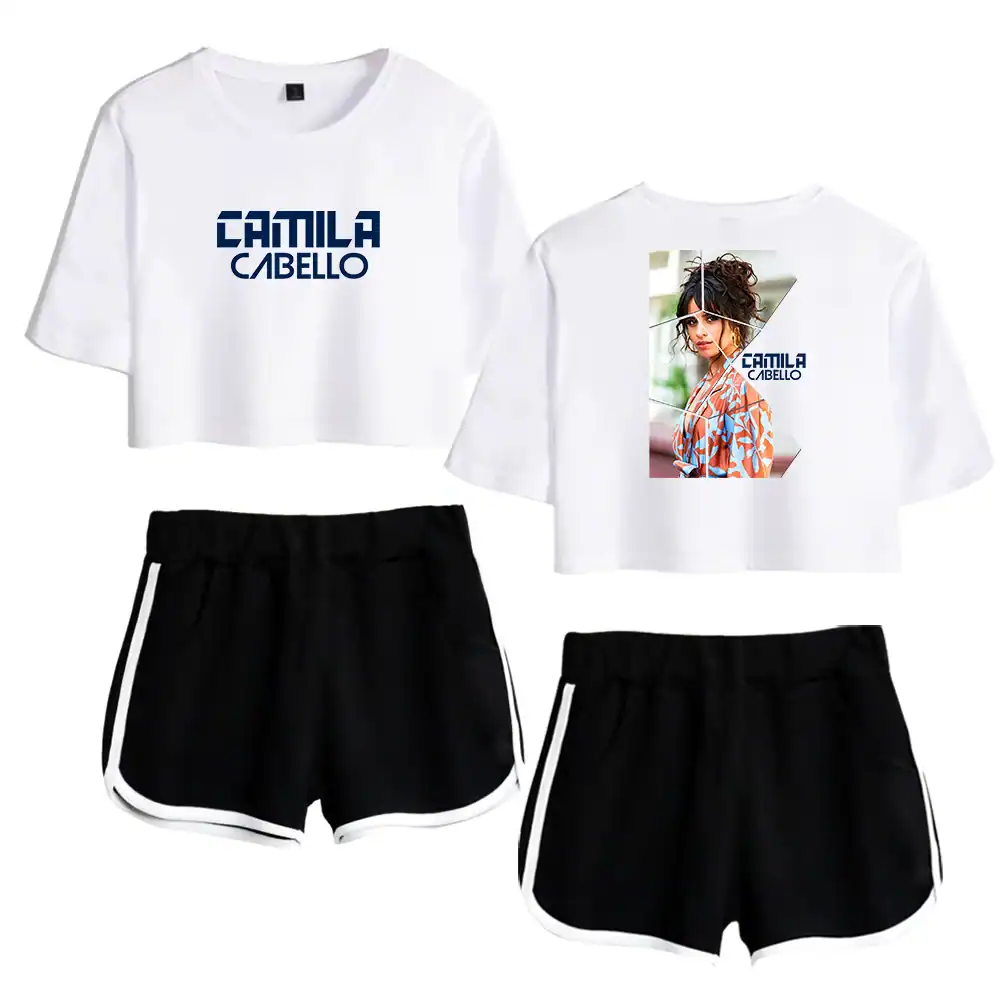 Camila Cabello apparel graphic crop top and shorts set.
