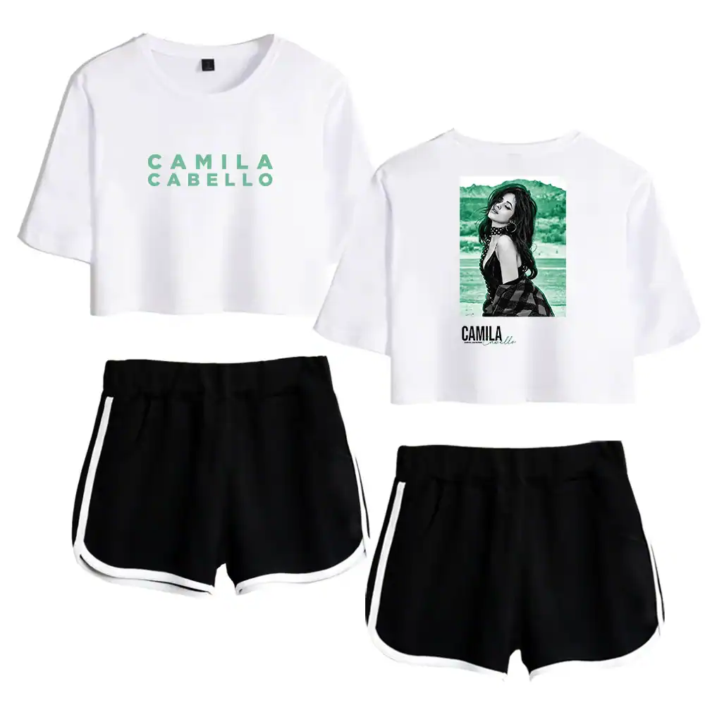 Camila Cabello apparel crop top and shorts set with graphic prints and logo.