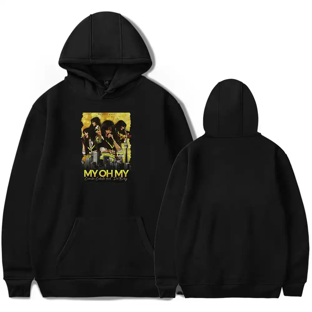 Black hoodie featuring Camila Cabello with bold yellow "MY OH MY" text. Comfortable, trendy apparel inspired by Camila Cabello's style for fans and fashion enthusiasts.