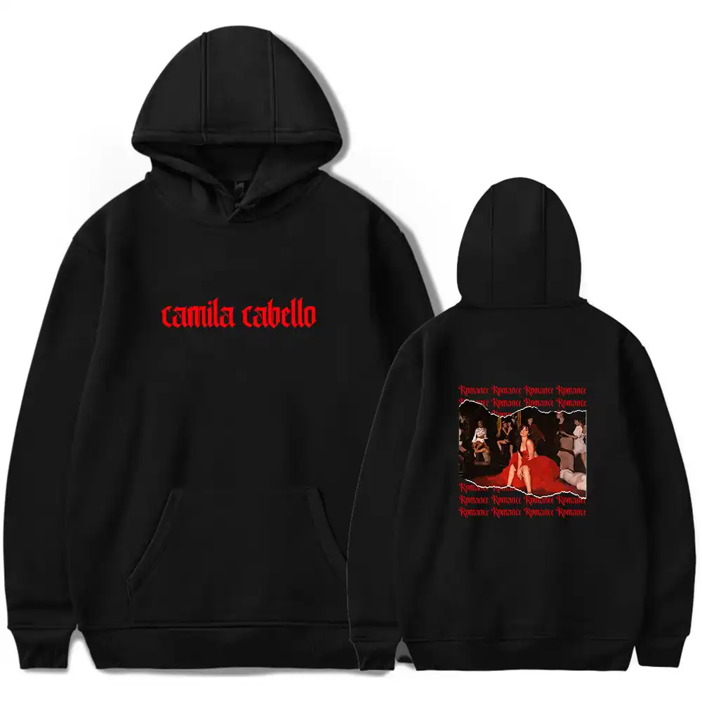 Camila cabello hoodie with red text and graphic design.