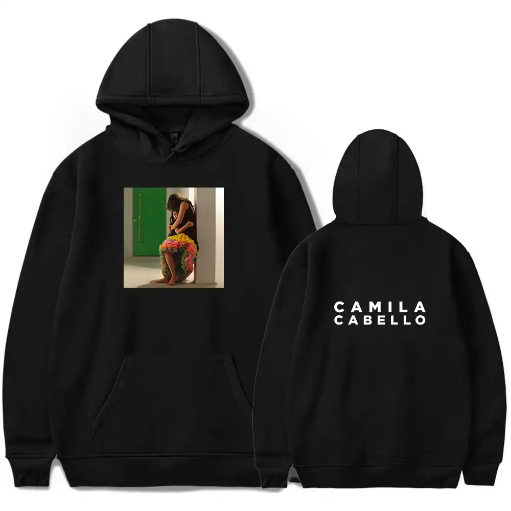 Camila cabello apparel with artistic photo design on black hoodie and white logo on back.