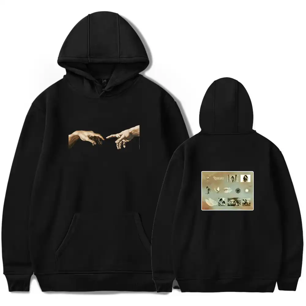 Black hoodie featuring an image of two hands reaching towards each other, inspired by famous artwork. The back has a collage of images and the word "Romance".