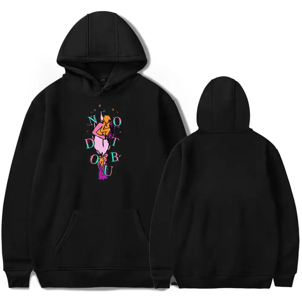 Bold black hoodie featuring Camila Cabello-inspired graphic design with vibrant colors and artistic detailing. Perfect for fans of music-inspired apparel and streetwear fashion.