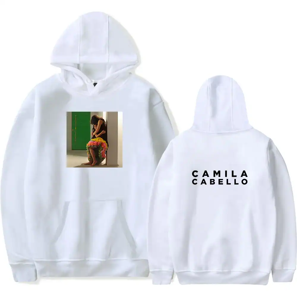 Bold white hoodie featuring Camila Cabello branding and artwork, perfect for music fans and streetwear enthusiasts.