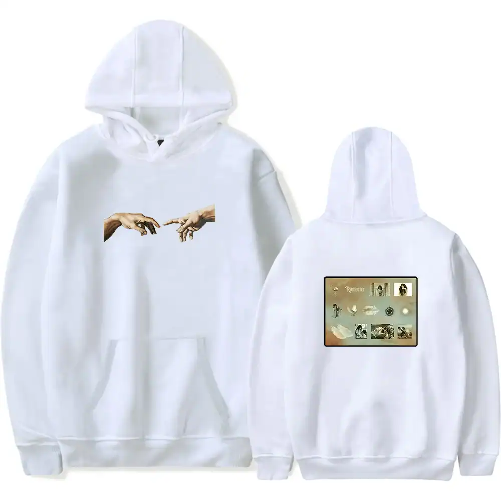 A white hoodie featuring a print of Michelangelo's "The Creation of Adam" on the front and a collage of famous artworks on the back.