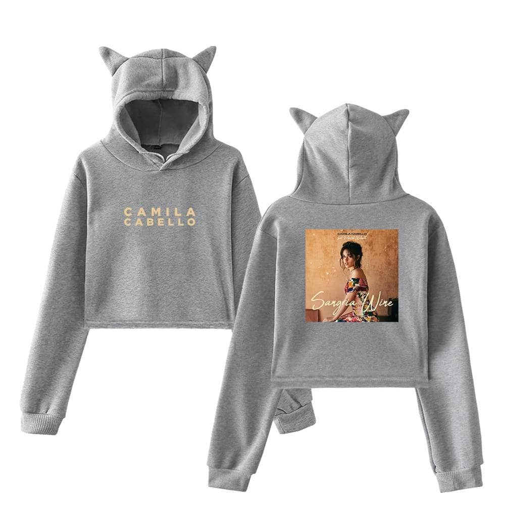 Gray cropped hoodie with "Camila Cabello" text and cat ear hood details.