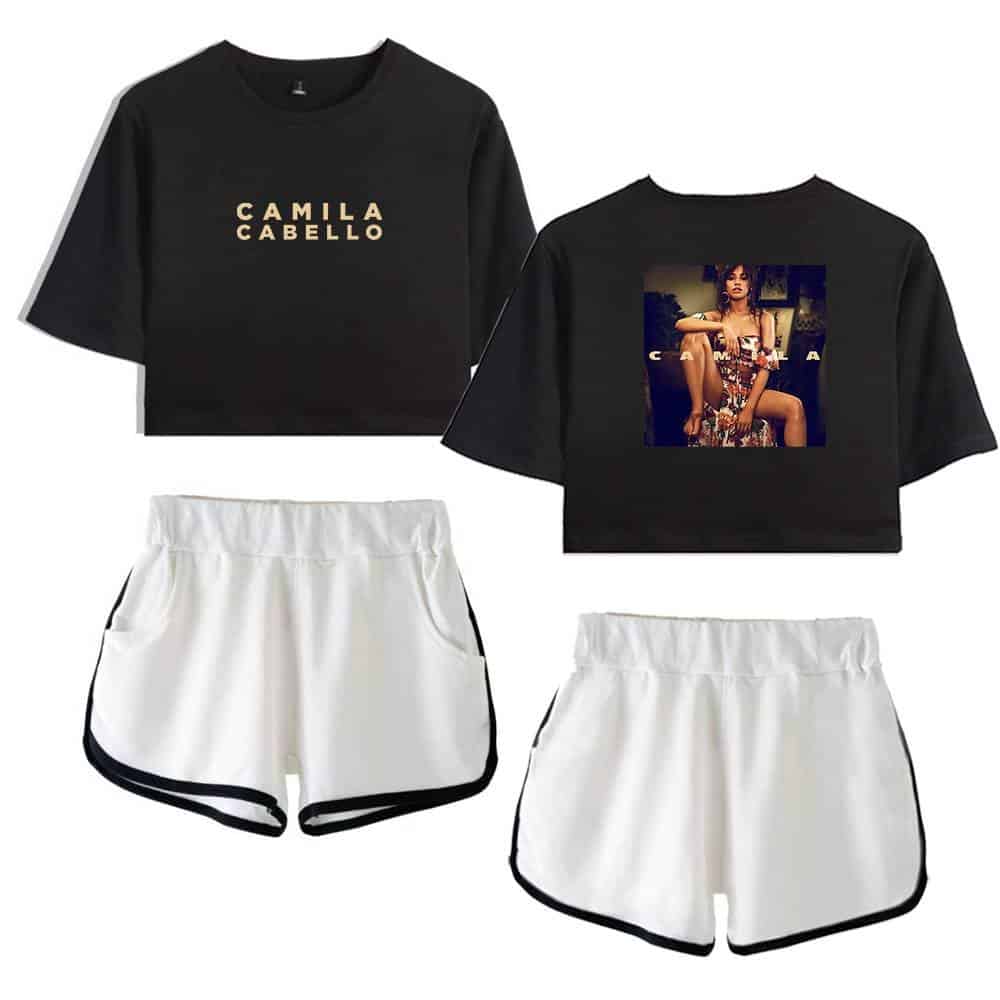 Camila Cabello black cropped t-shirt with logo and printed photo.