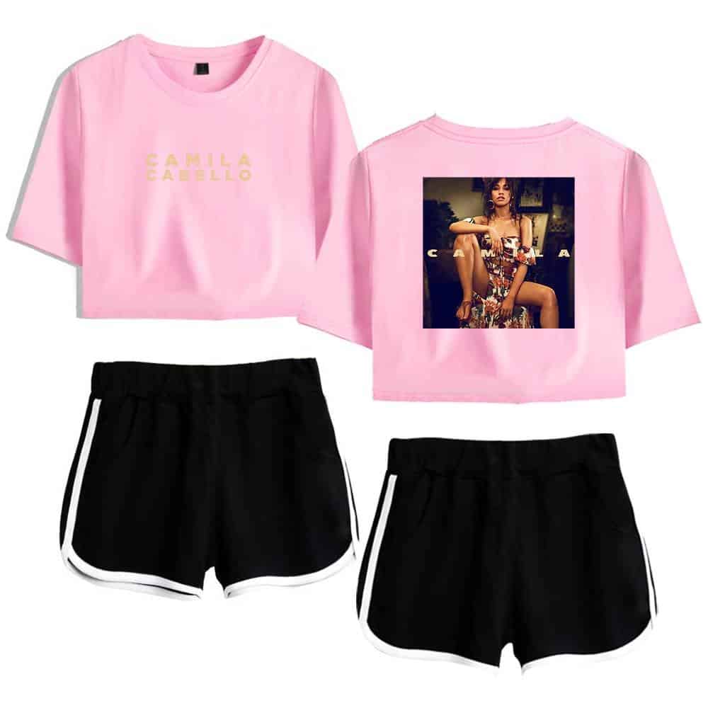 Camila Cabello pink cropped t-shirt with graphic print and logo.