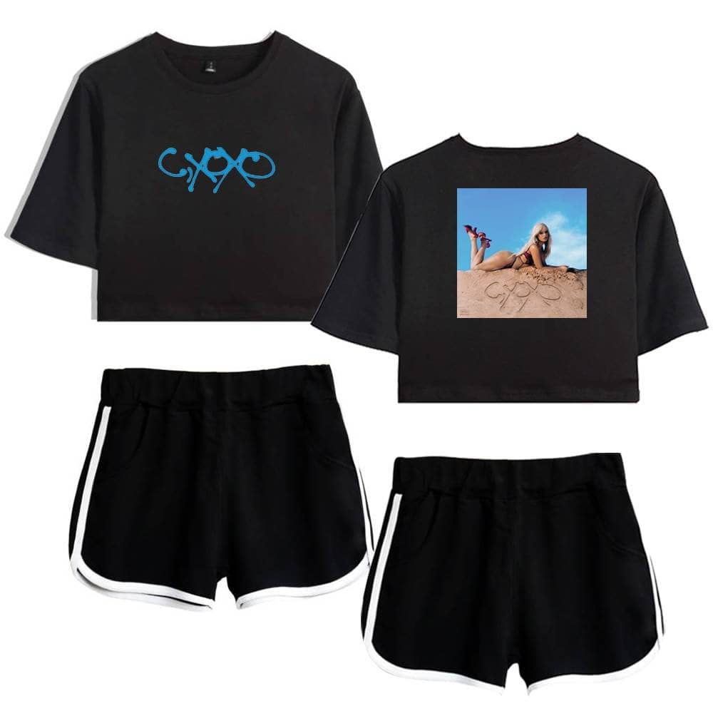 Camila Cabello black crop top with blue logo and photo print set for casual wear and summer style.