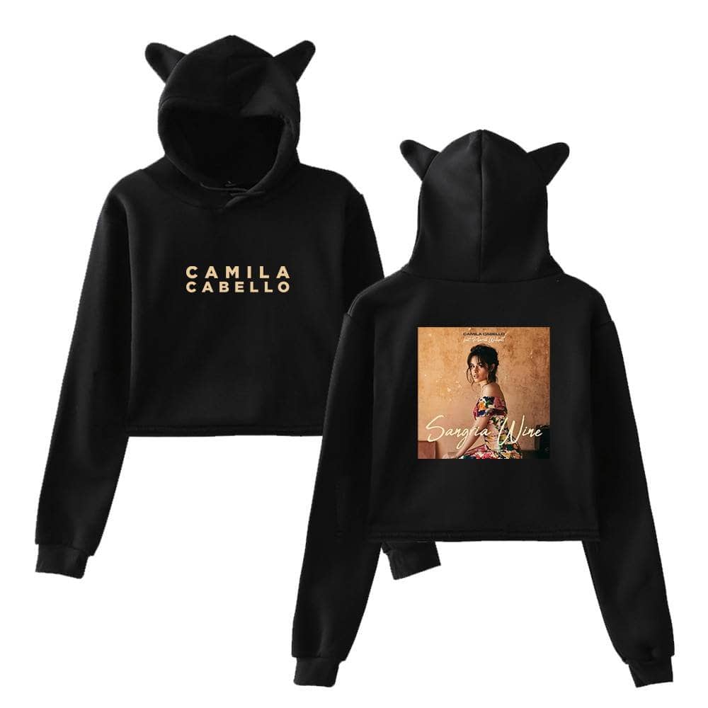 Soft black hoodies featuring Camila Cabello with cute animal ear hoods, ideal for fans of her apparel and music merchandise.