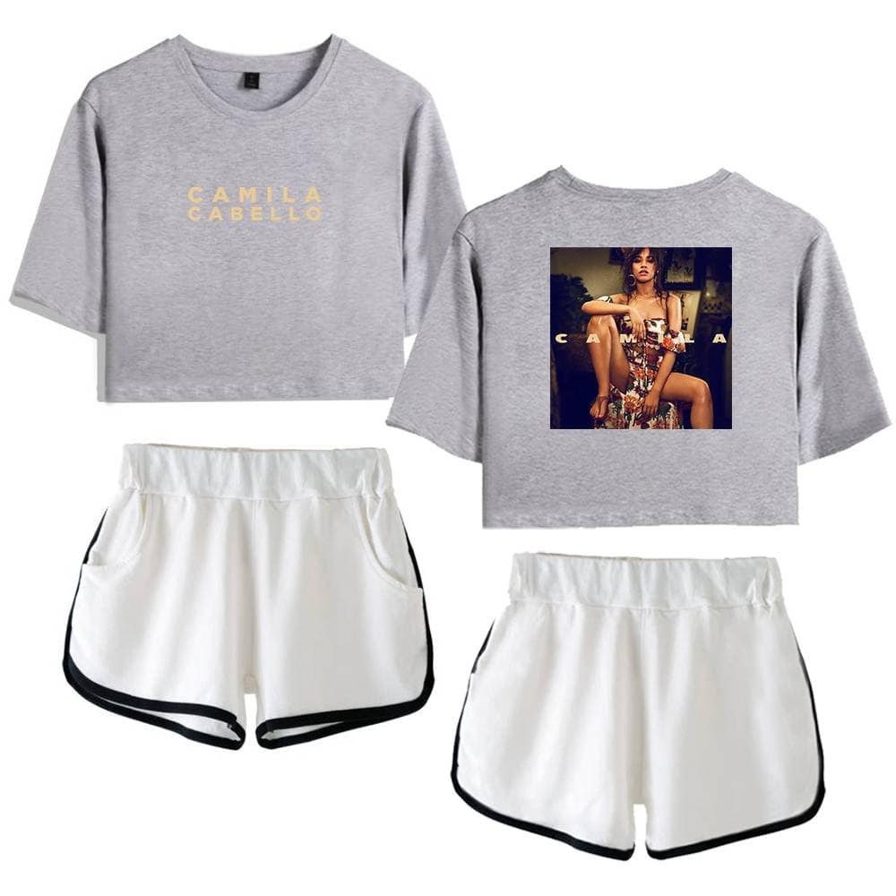 Camila Cabello gray cropped sweatshirt with yellow logo design.