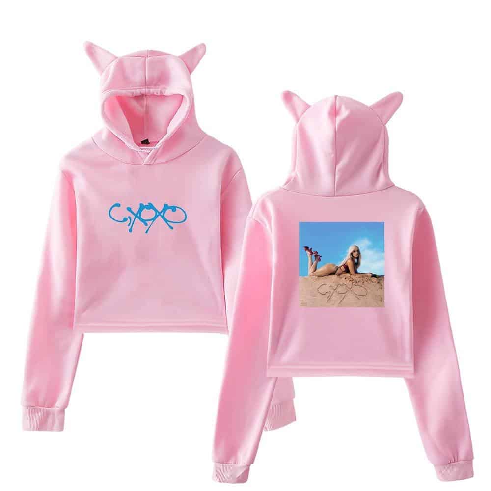 Bright pink hoodie and jogger set inspired by Camila Cabello with playful cat ears on the hood.