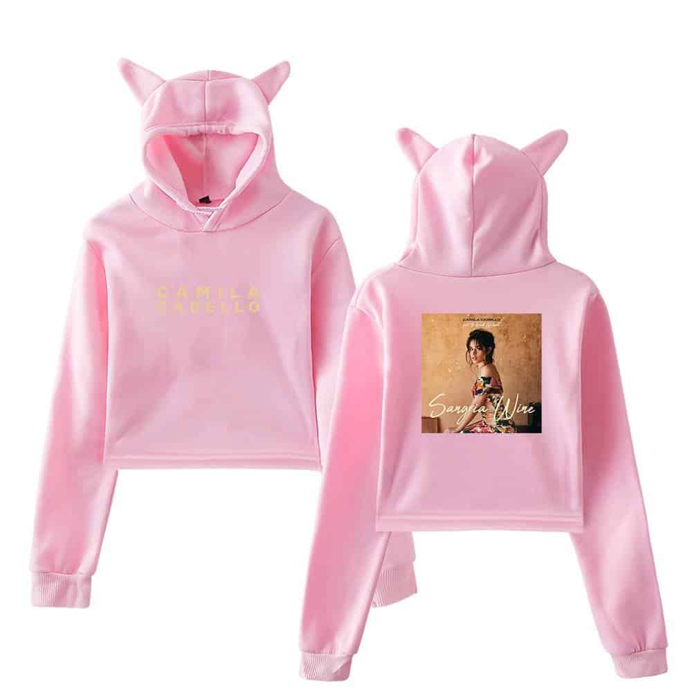 Pink hoodie set with cat ears and Camila Cabello artwork on the back.