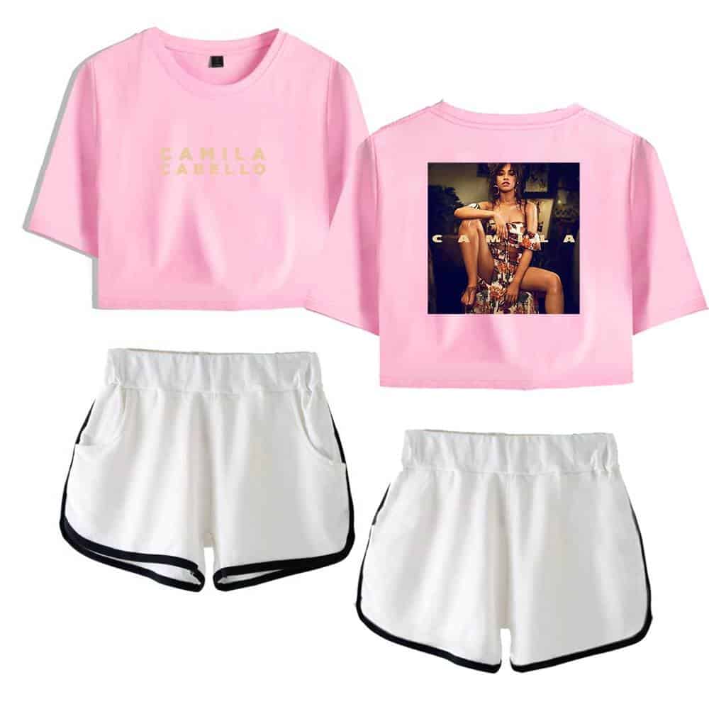 Camila Cabello pink casual t-shirt with graphic print and white athletic shorts for stylish casual wear.