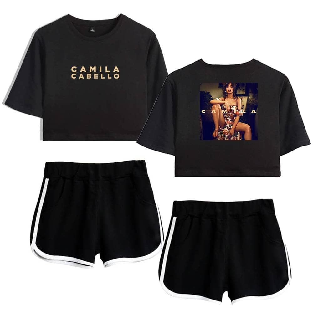 Camila Cabello graphic t-shirt and athletic shorts apparel set for women, stylish and casual, perfect for everyday wear and concerts.