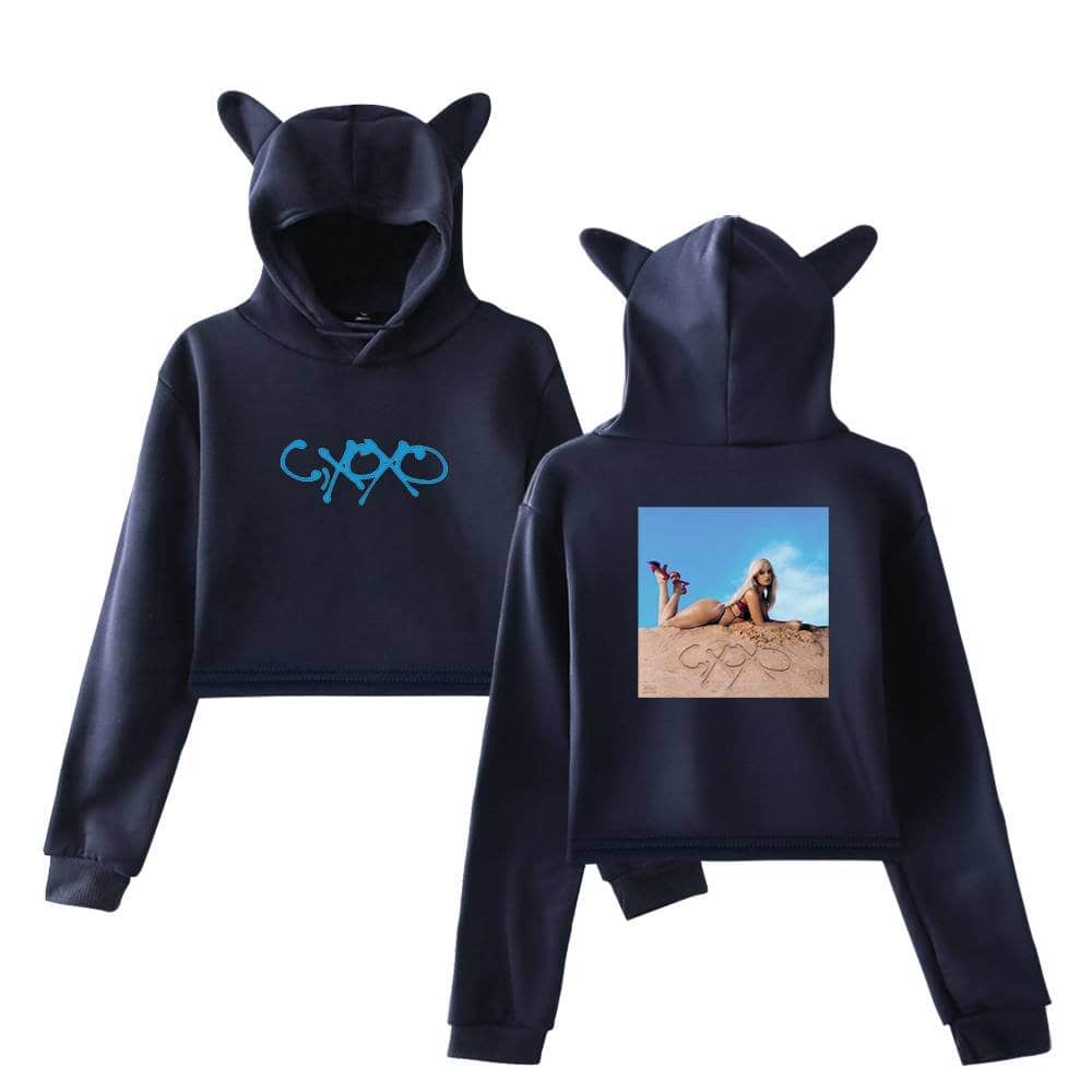 Cute navy blue Camila Cabello hoodie set with bunny ears on the hood, featuring a graphic of Camila on the back, perfect for fans of her apparel and shows playful style.