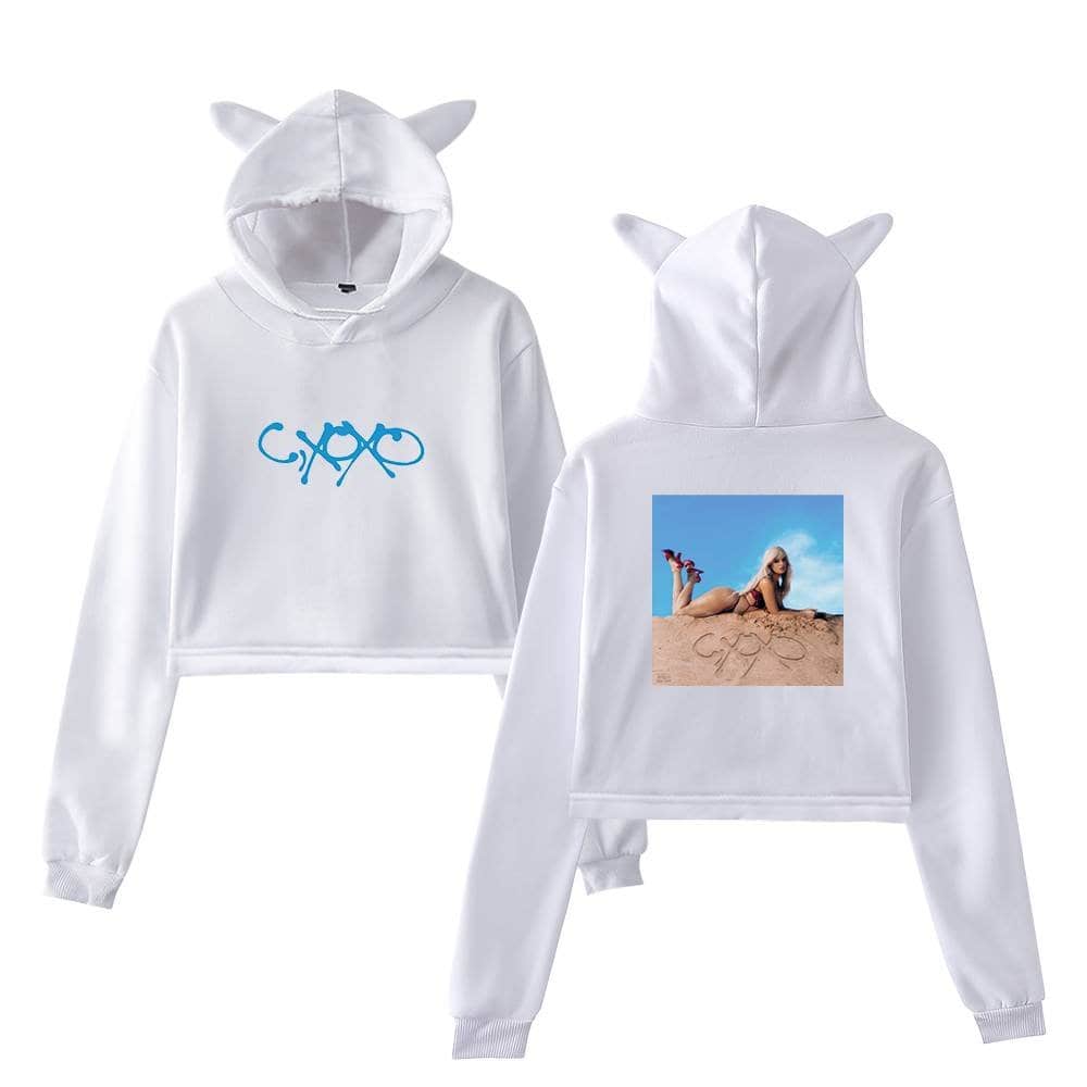 White cropped hoodie with cat ears and graphic print, featuring a photo of a woman on the back.