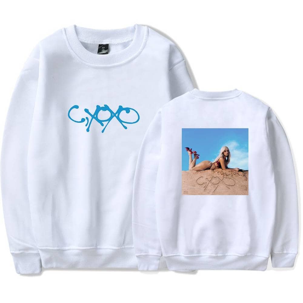Casual white sweatshirt featuring Camila Cabello's signature logo and an artistic photo print, perfect for fans of Camila Cabello's apparel collection.