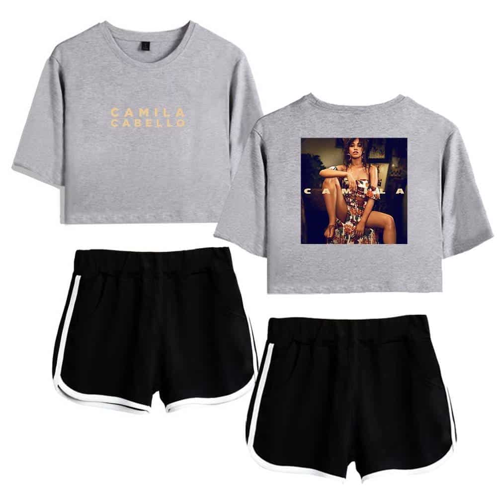 Camila Cabello cropped sweatshirt with logo and graphic tee featuring her image, paired with black athletic shorts with white trim. Perfect casual streetwear look.