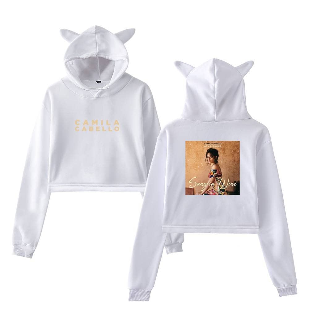 White cropped hoodie with "Camila Cabello" text and a graphic of her album cover featuring a woman with a hat.
