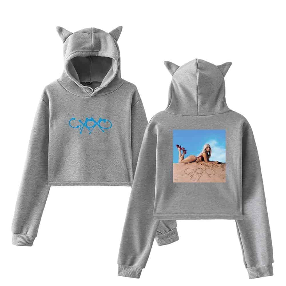 Casual gray hoodie and sweatpants set featuring Camila Cabello-inspired designs with playful details like animal ears. Perfect for music fans and stylish comfort.