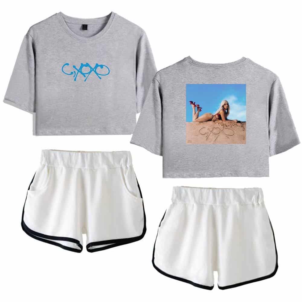 Casual gray crop top with "CXO" logo, relaxed fit.